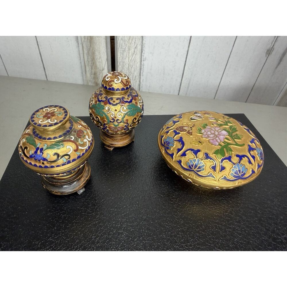 Vintage Cloisonne Enamel and Bronze Mini Ginger Jar Set Wood Base & Trinket Box